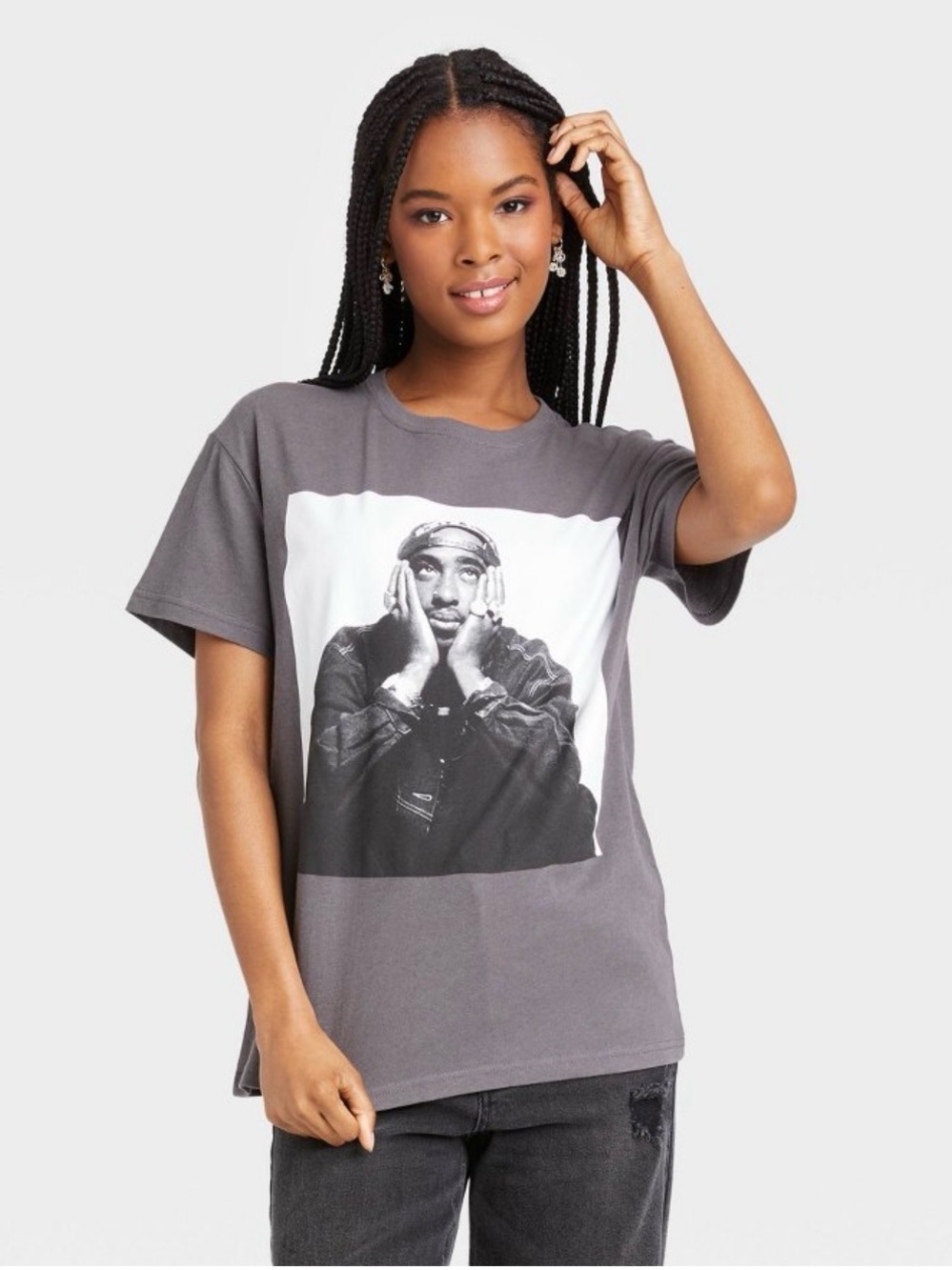 New 2Pac Gray Graphic Tee with Black & White Portrait